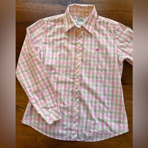 LILLY PULITZER Women’s Size 10 White/Green/Pink Button-Up Collar Shirt Blouse